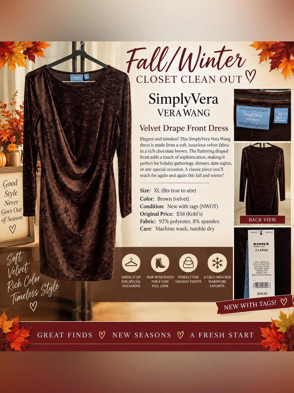 Simply Vera Vera Wang Brown Velvet Drape Front Chemise